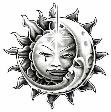 crescent tattoo, crying sun tattoo design