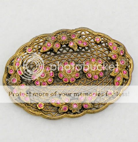 Vintage Ornate Edwardian Goldtone Filigree Pink Rhinestone Flower Leaf 